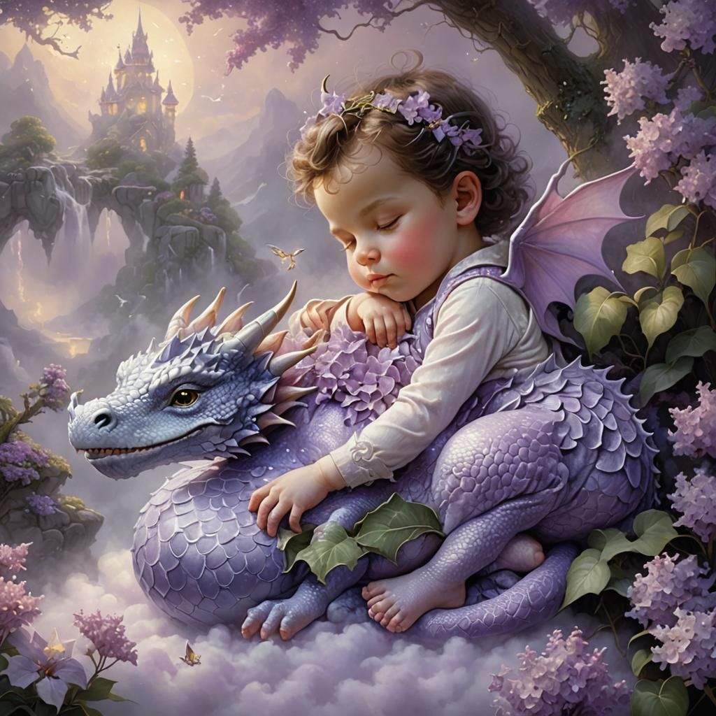 Baby and Lilac Dragon in Ethereal Fantasy