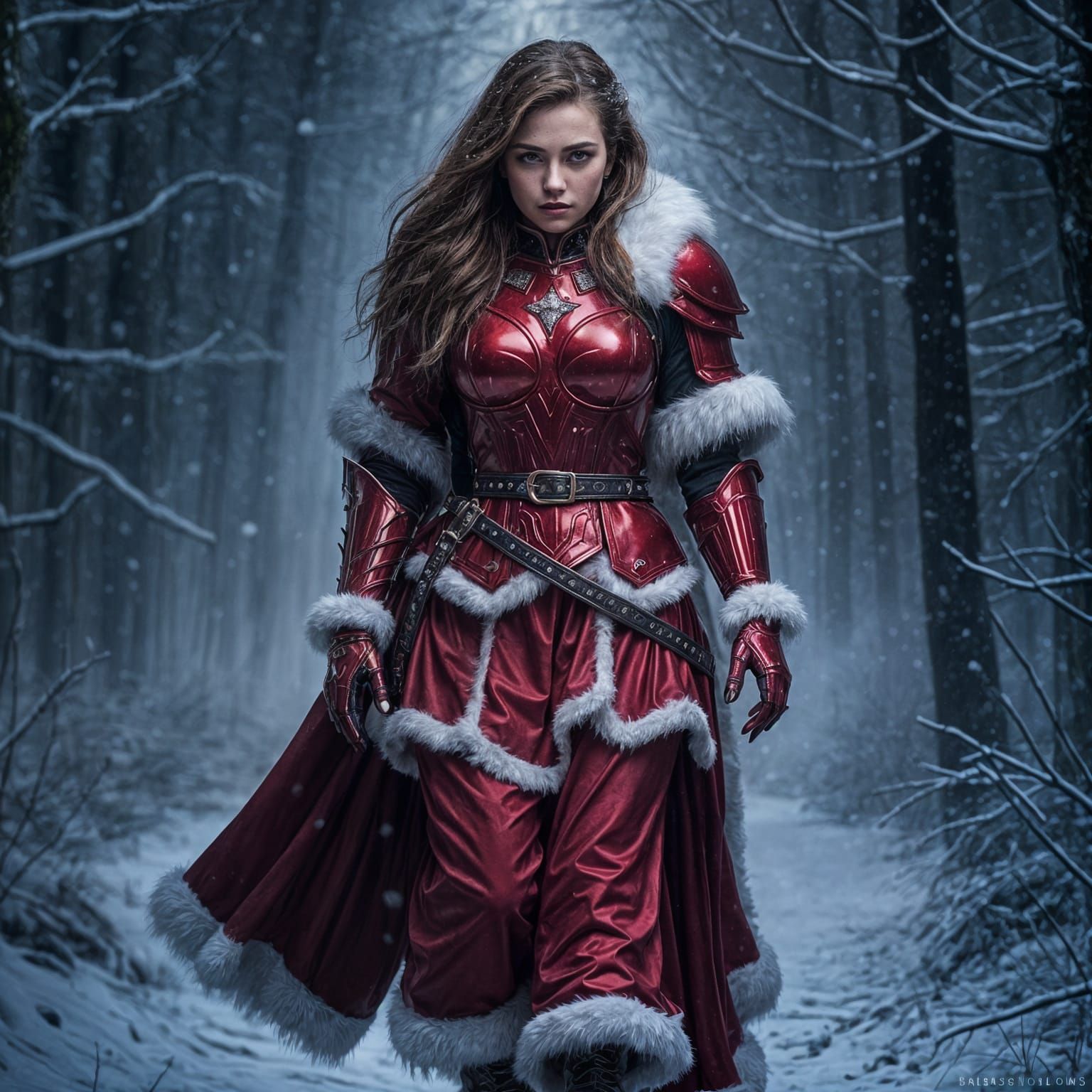 Beautiful Woman in Red Christmas Armor Walks Through Snowy F...