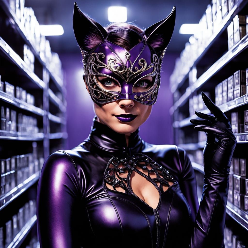 Glamorous Cat Burglar in Masquerade Mask and Burglar Suit