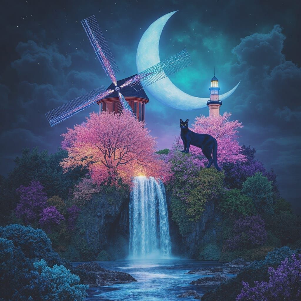 Surreal Double Exposure: Windmill, Cat, Moon, and Lighthouse