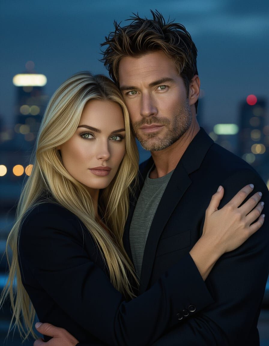 Cinematic Embrace in Moody Cityscape