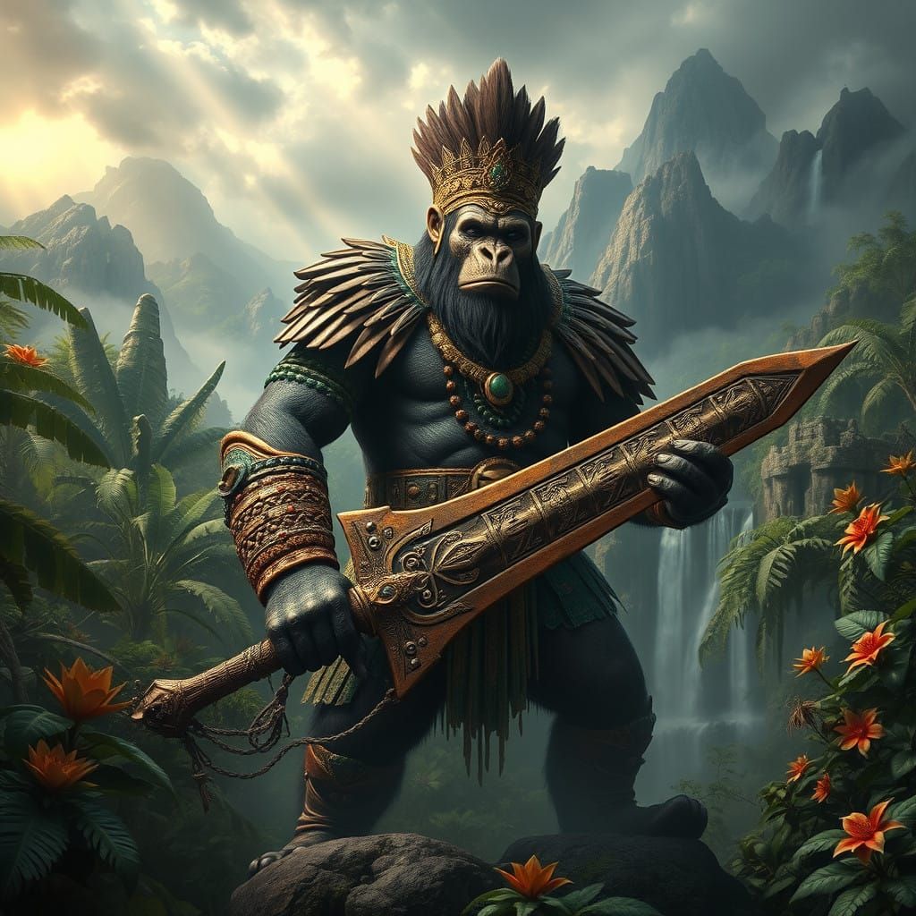 Surreal Aztec Warrior Ape in Primal Jungle Battleground