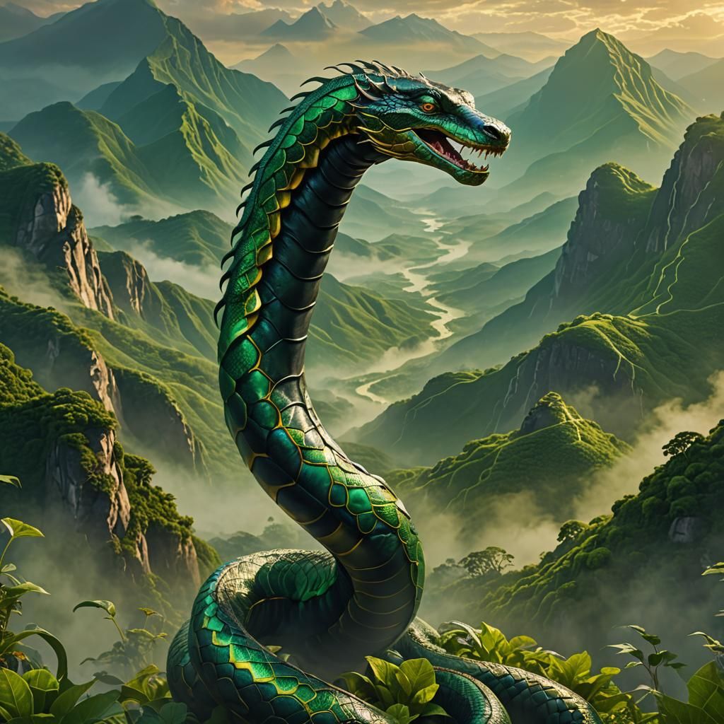 Surreal Serpent Creature in Misty Mountains
