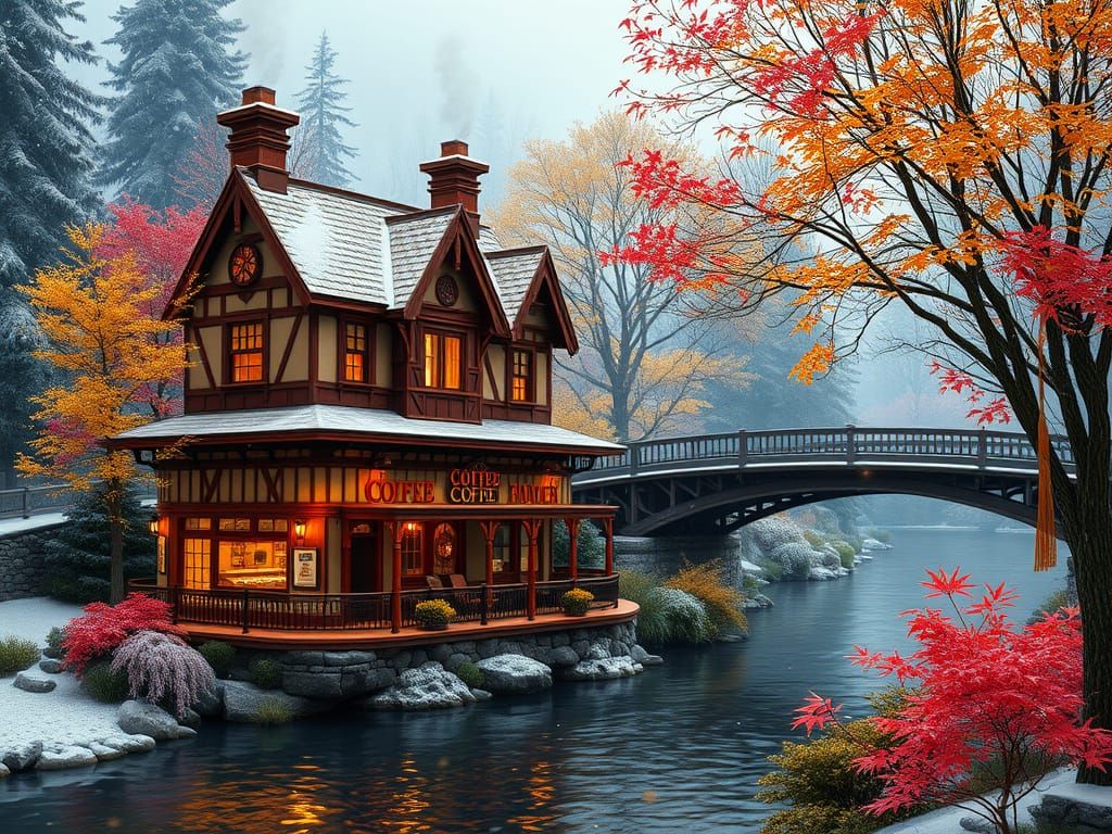 Fantastical Winter Wonderland Coffee Shop in Hyper-Realistic...