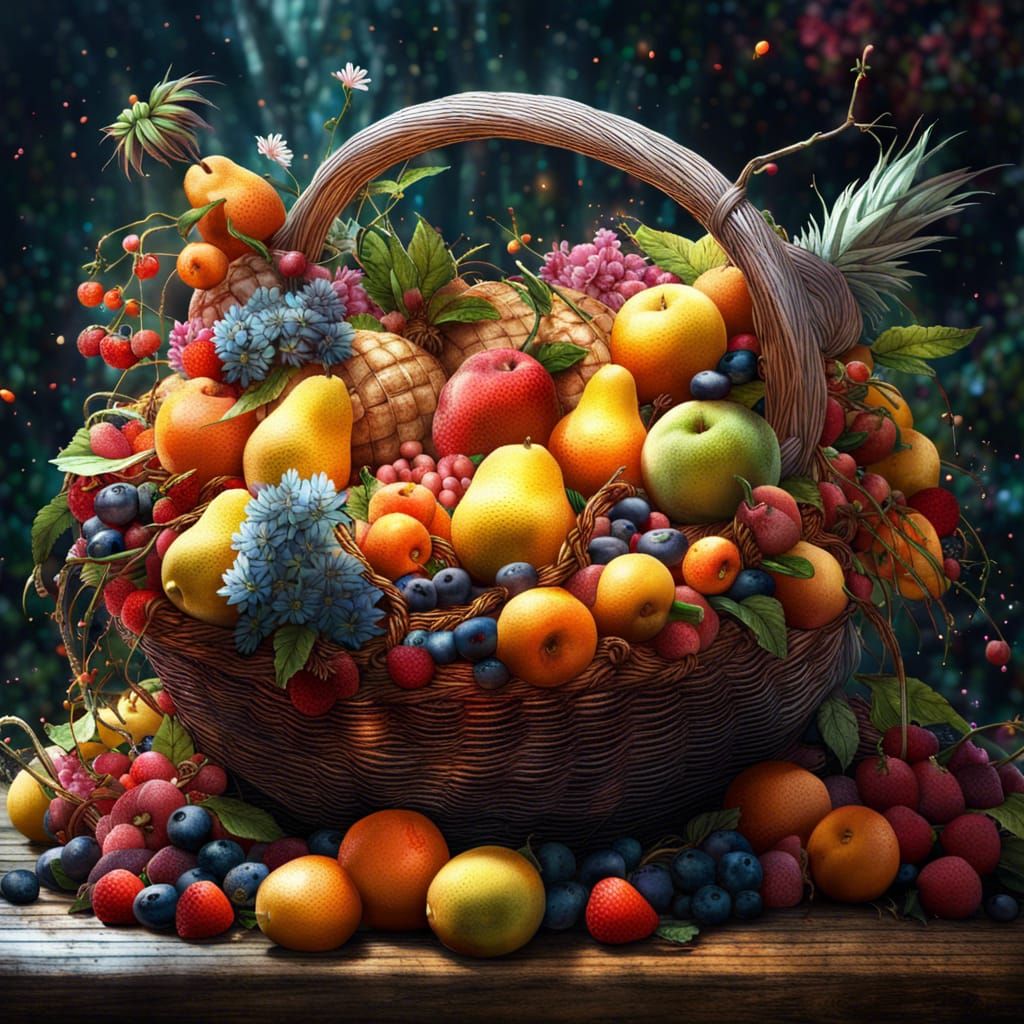 Hyperrealistic Basket Overflowing with Fruit and Flowers
