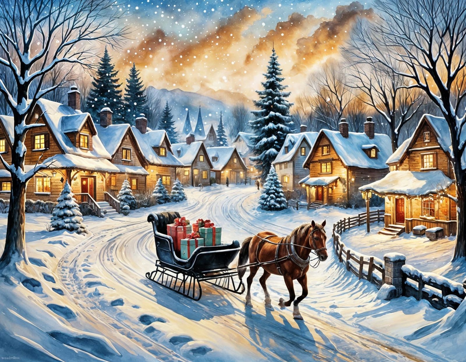 Winter Village Scene with Horse-Drawn Sleigh in Oil Painting...