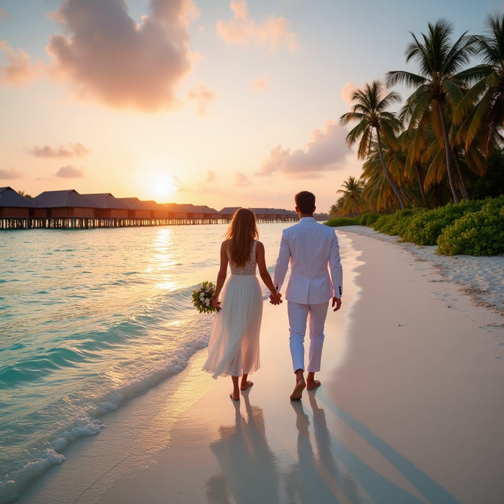 Romantic Maldives Beach at Sunset with Luxury Overwater Bung...