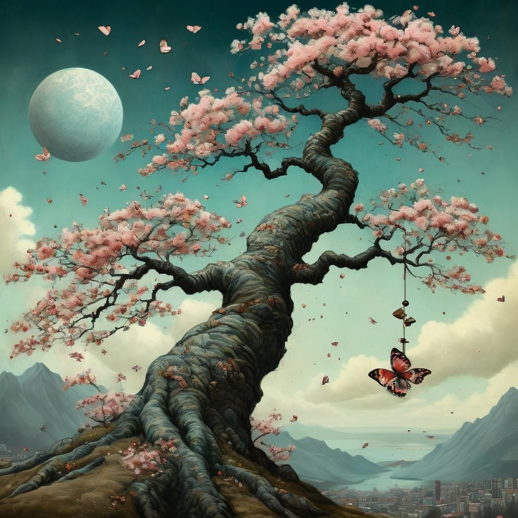 Cherry Blossoms, Tree Full, in the style of Fibonacci, in th...