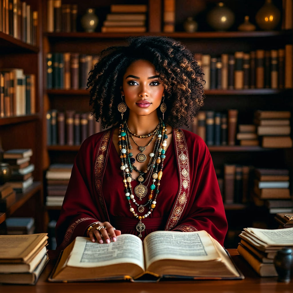 Mystical Black Female Spiritual Guide in Esoteric Library