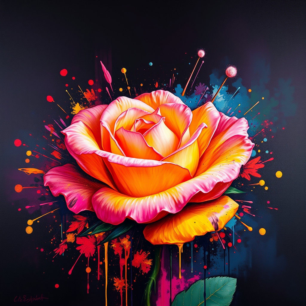 Vibrant Rose with Spray Paint and Acrylic Effects