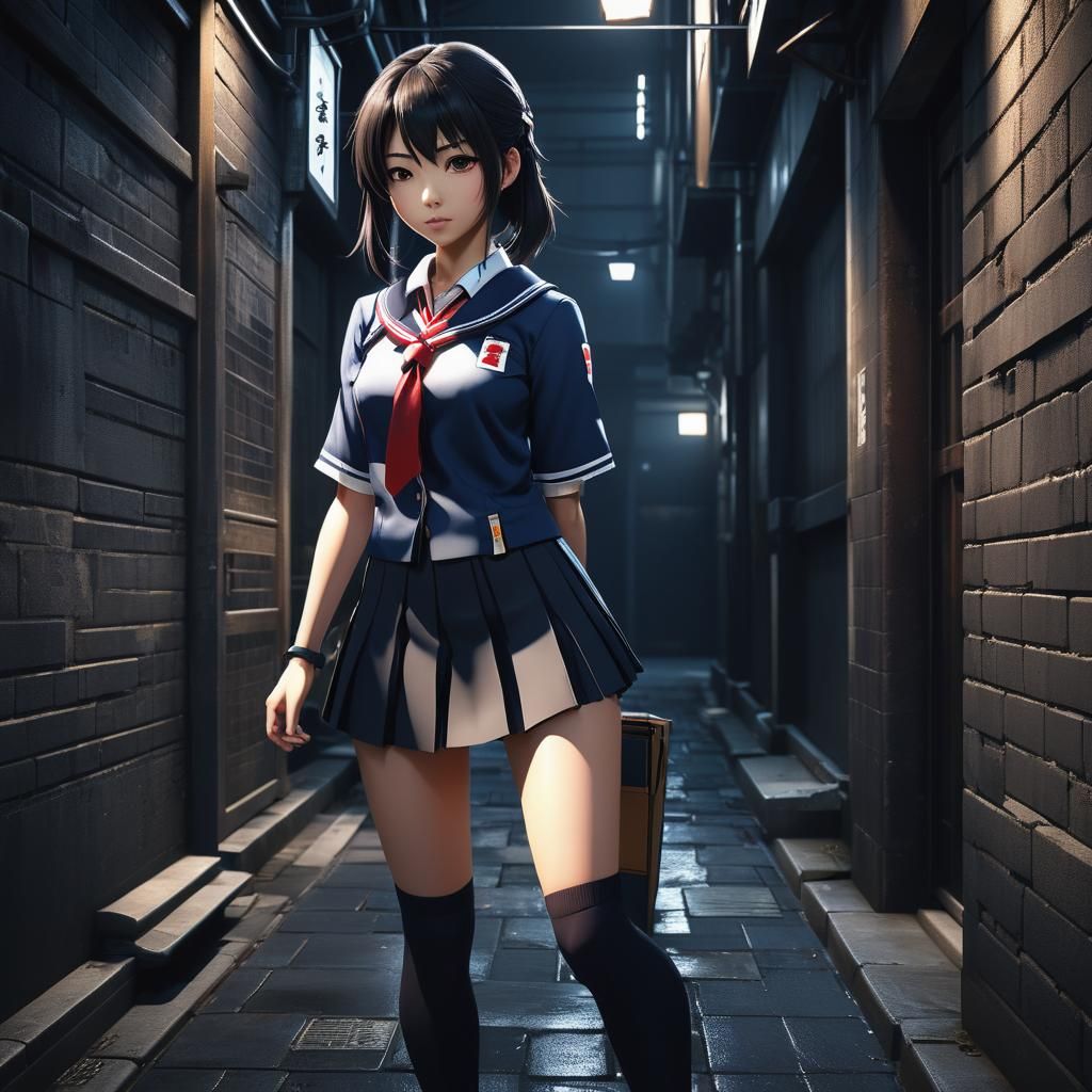 Anime Schoolgirl in Dark Alley: Cel-Shaded 3D Render