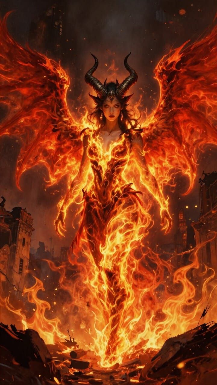 Fiery Ifrit Woman in Burning Ruined City