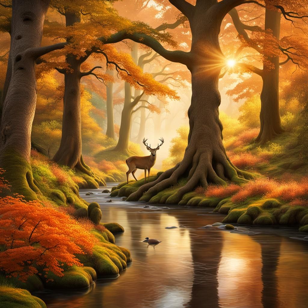 In a serene, forest at the brink of sunset an ancient oak trees with  hues of autumn are illuminated by the golden hour.
