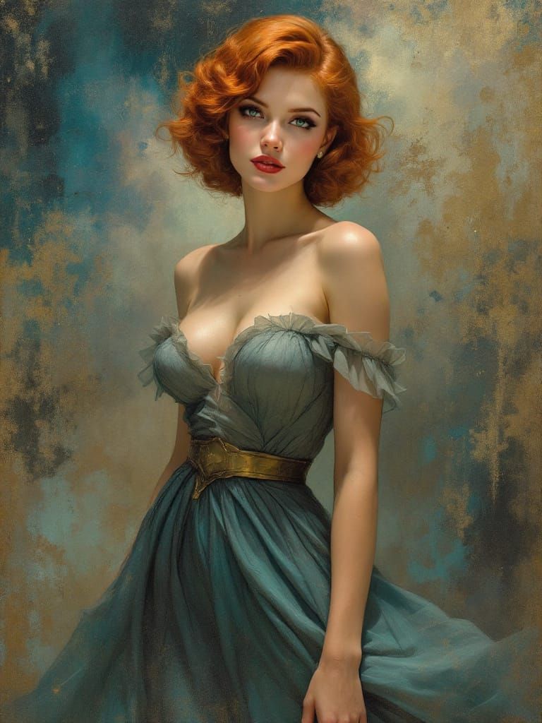 1950s Redhead Pin-Up Woman in Atmospheric Style
