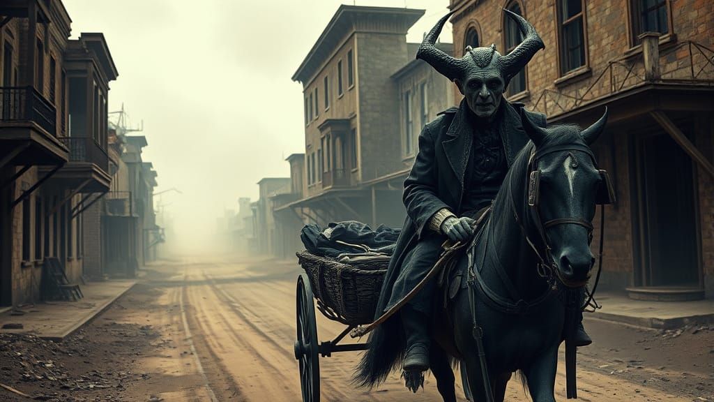 Victorian Demon Rides Cart Through Ghost Town