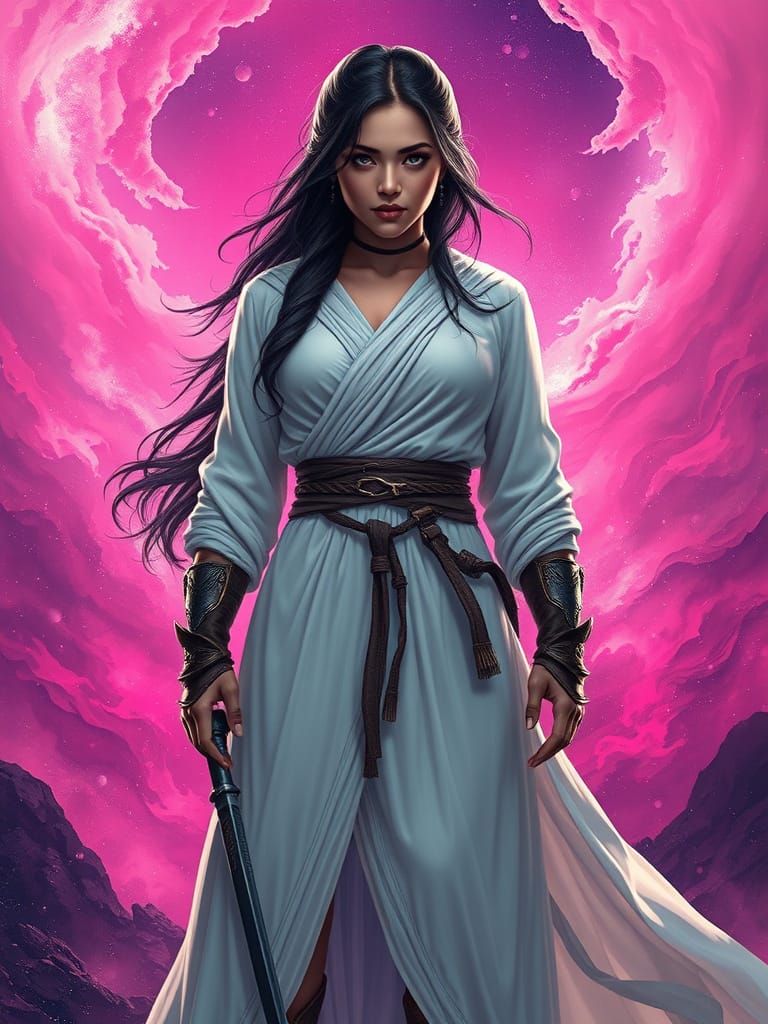 Cosmic Warrior in Flowing Gown: A Digital Illustration