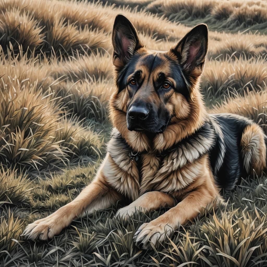 German Shepherd in Winter Morning, Charcoal Drawing