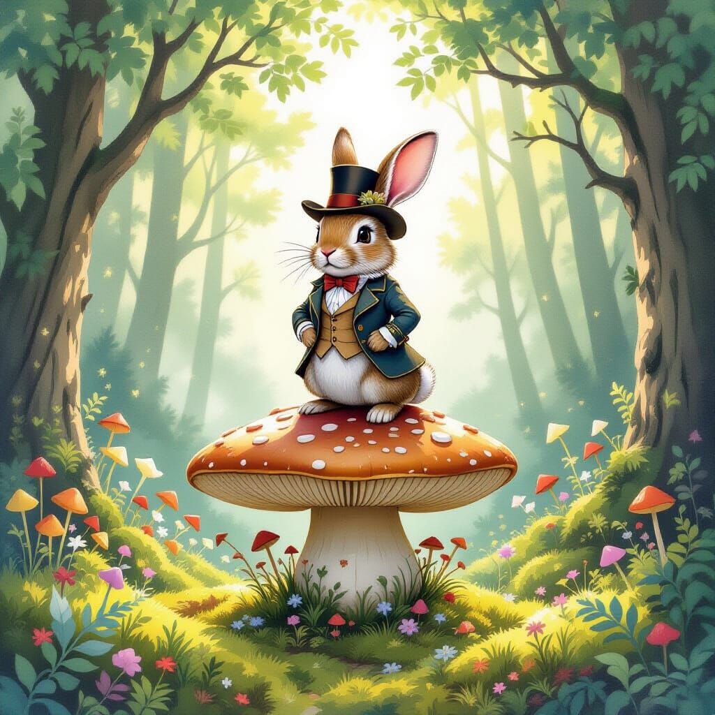 Victorian Rabbit Explorer on Giant Mushroom in Enchanted For...