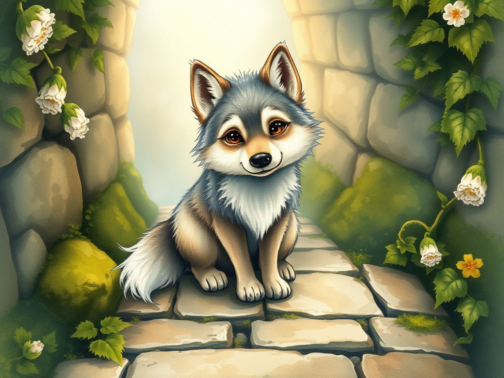 Whimsical Wolf in Watercolor Style