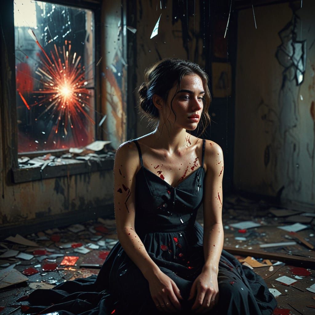 A Young Woman's Despair in a Shattered Room