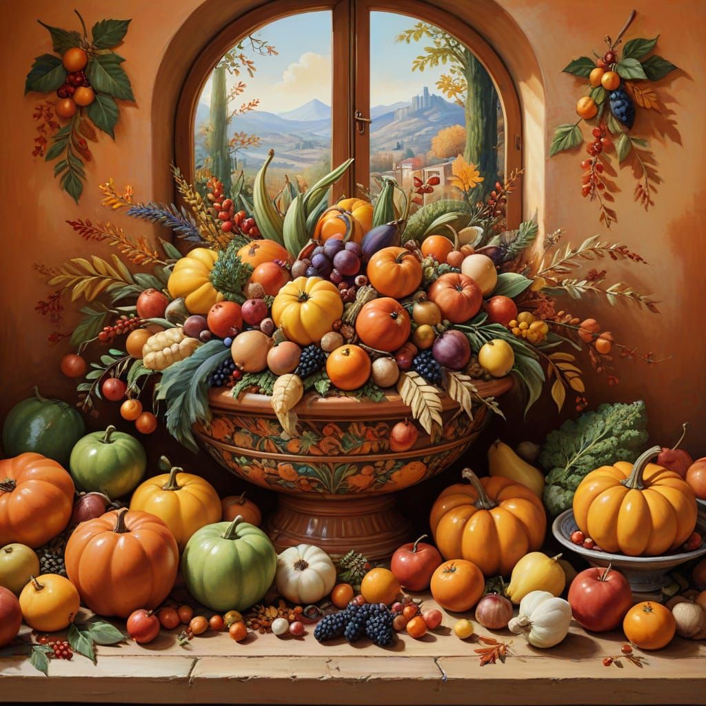 Maiolica Autumn Harvest Table in Vibrant Oil Painting