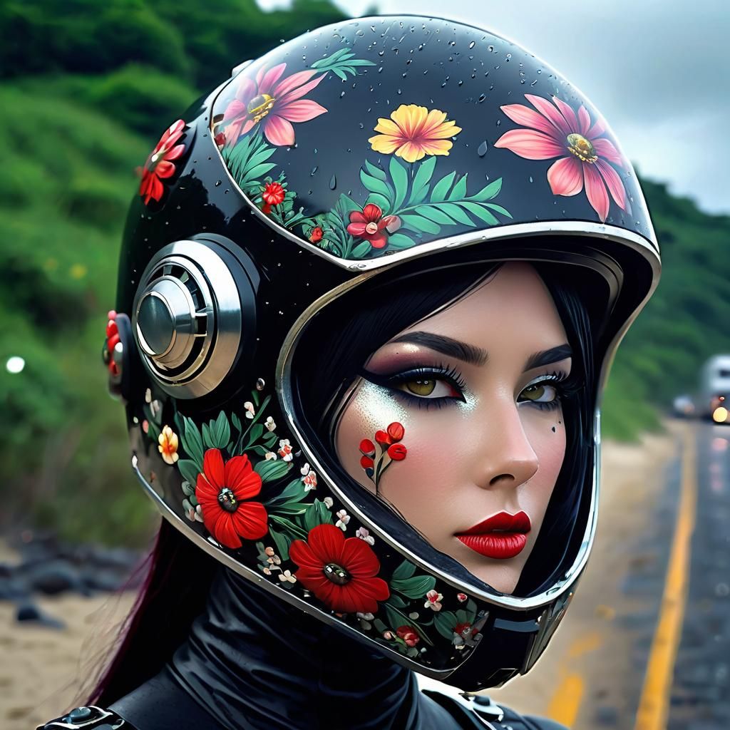 Cyborg Girl with Floral Helmet, Gouache Painting