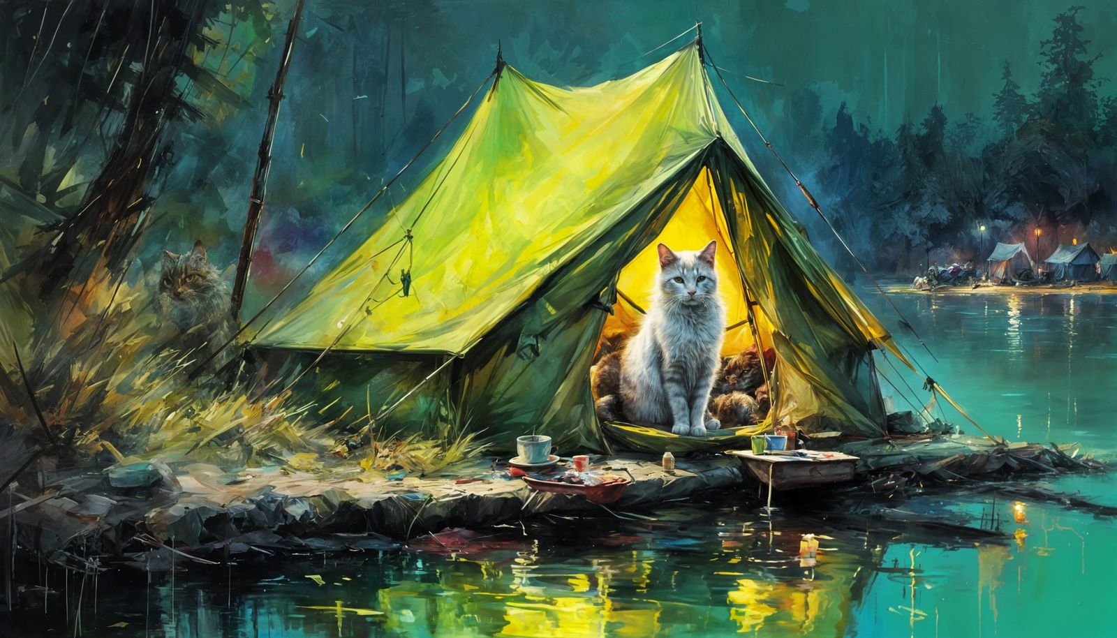 Cat Camping by Lake: Detailed Matte Oil Painting