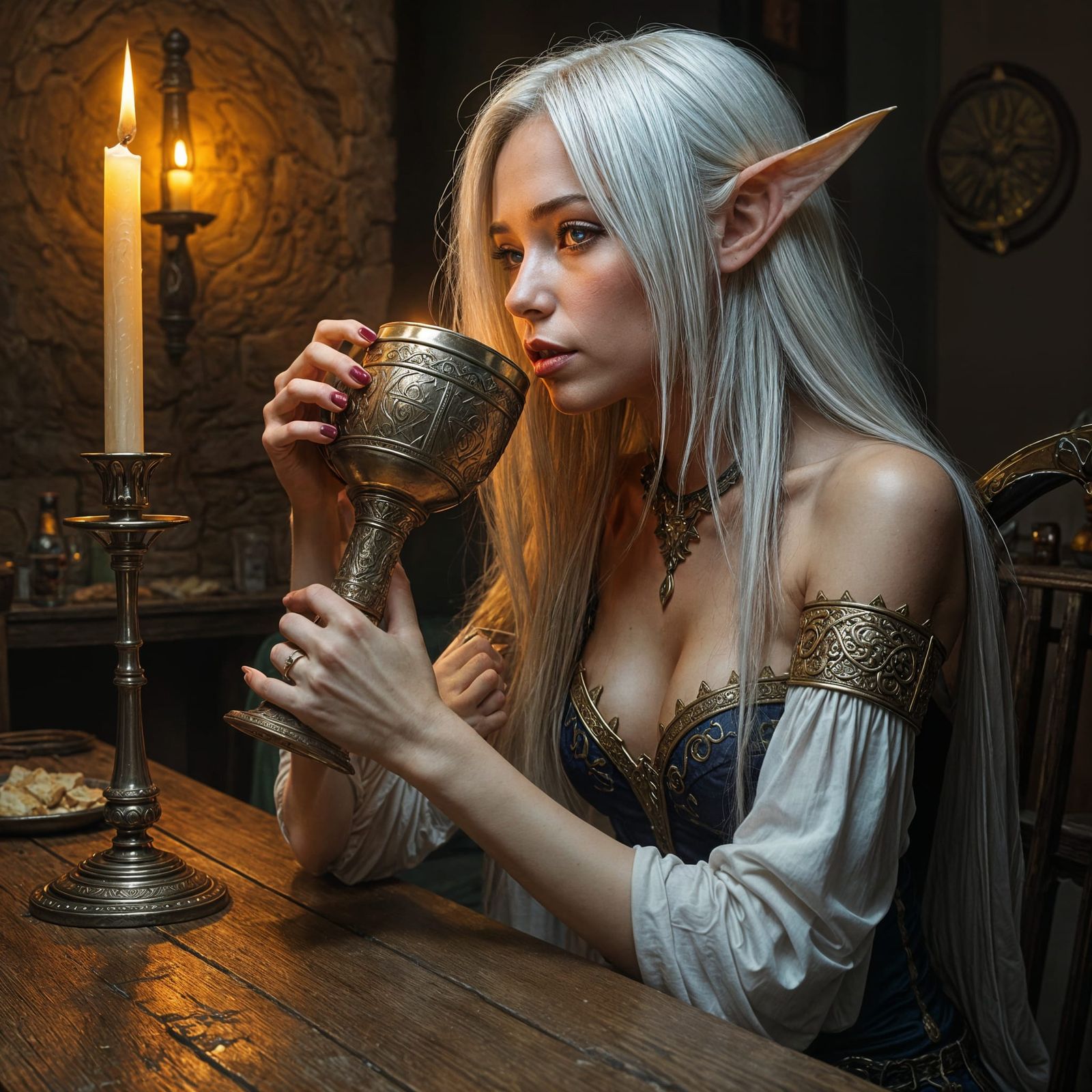 An elven woman drinking at a tavern