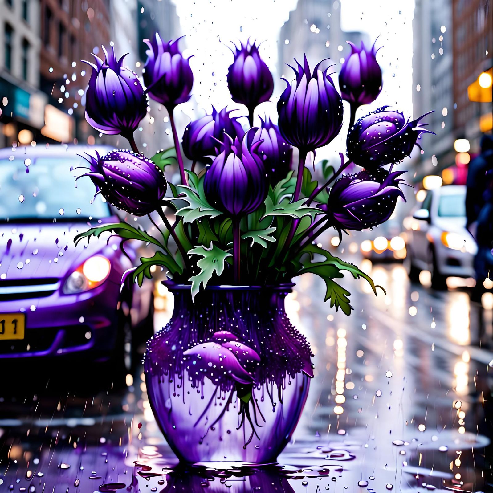 Violet Pasque Flowers in Urban Setting