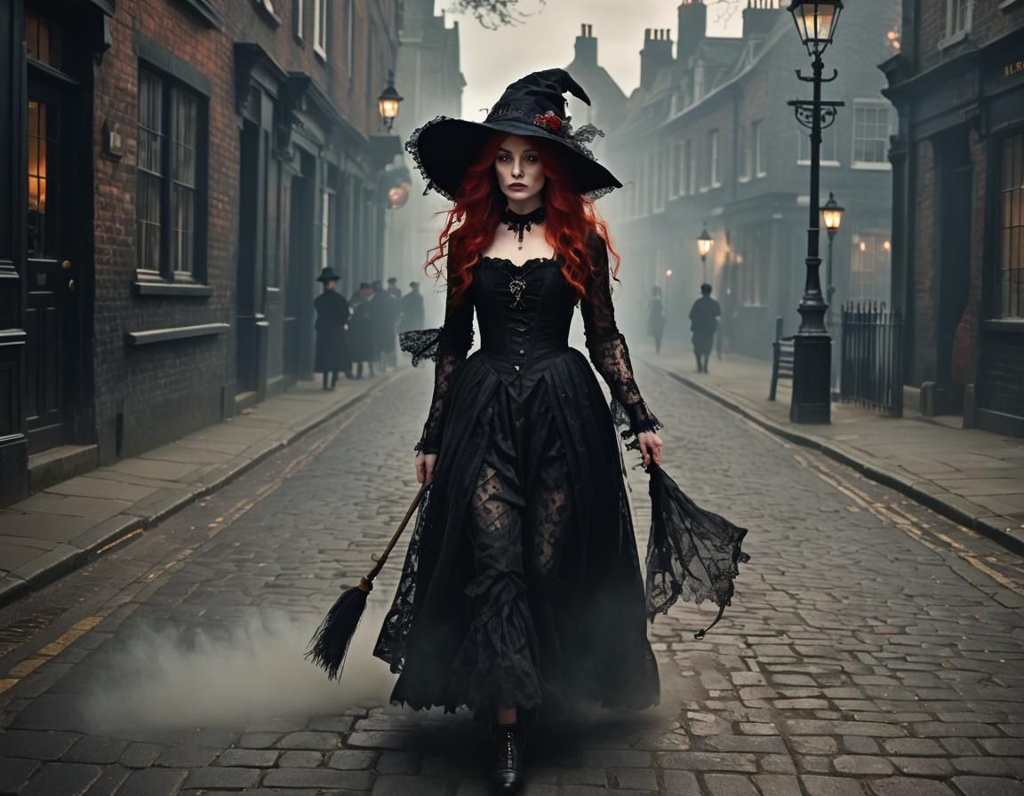 Ethereal Redhead Witch in Victorian London Street