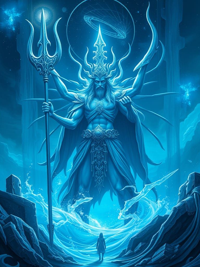 Colossal Blue God Emerges from Cosmic Sea