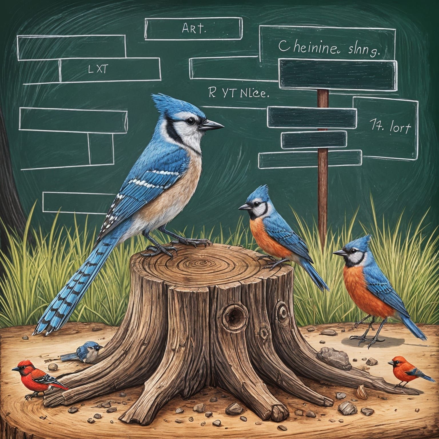 Blue Jay Teaches Bird Class with Chalkboard