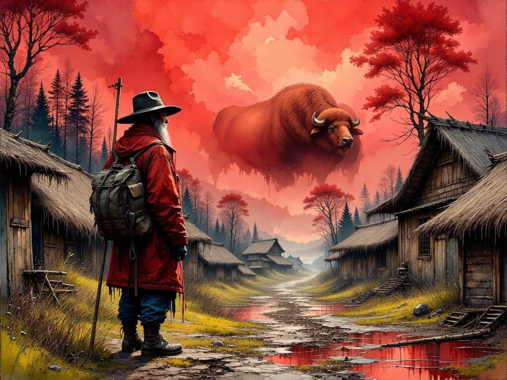 Village Elder and Bison in Colored Ink Illustration