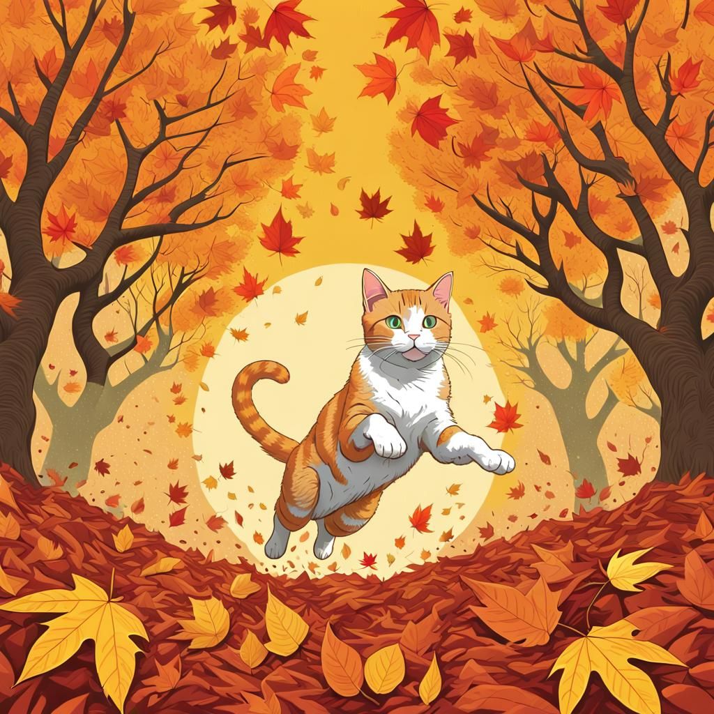 Ginger Cat Jumps in Autumn Leaves: Pop Art Style