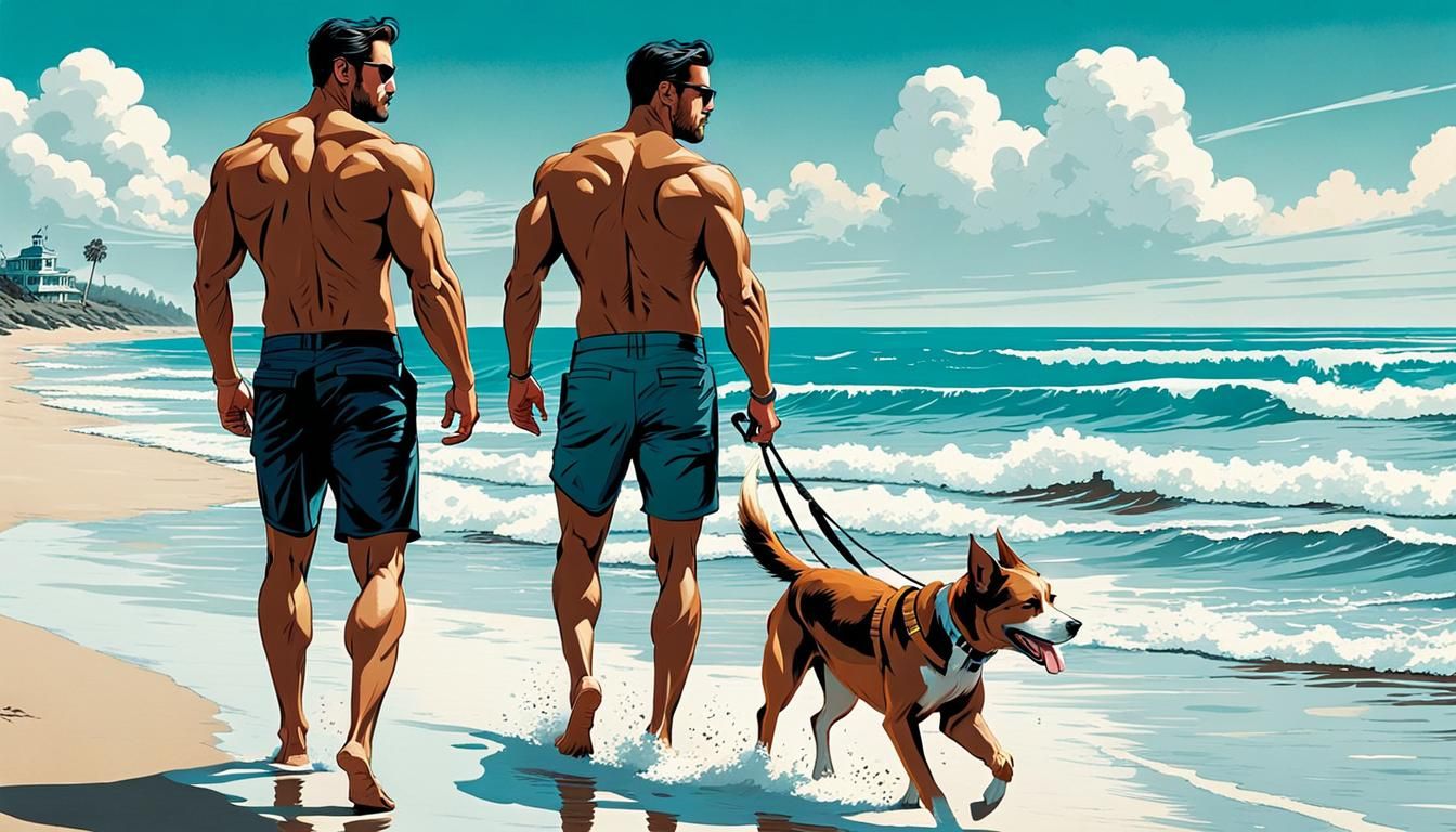 Abstract Beach Scene with Figures in Comic Art Style