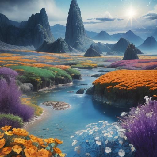Magical Travelers in Colorful Landscape, Oil Painting Style