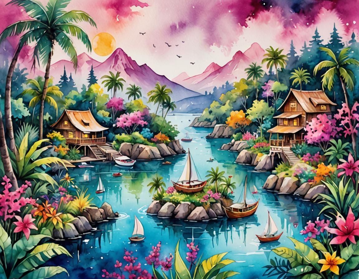 Charming Watercolor Water-World Dreamland Illustration