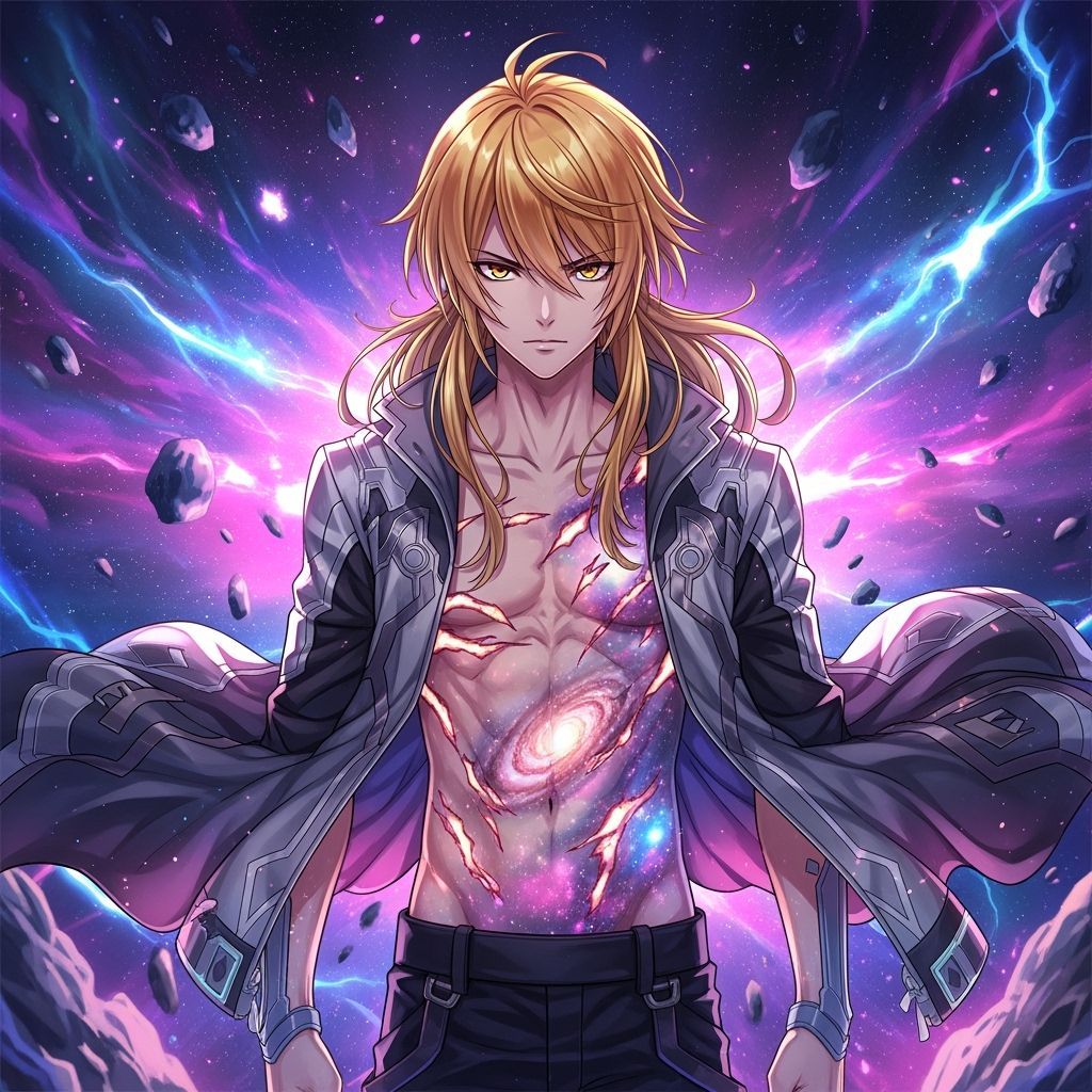 Anime Boy with Golden Hair and Cosmic Scars