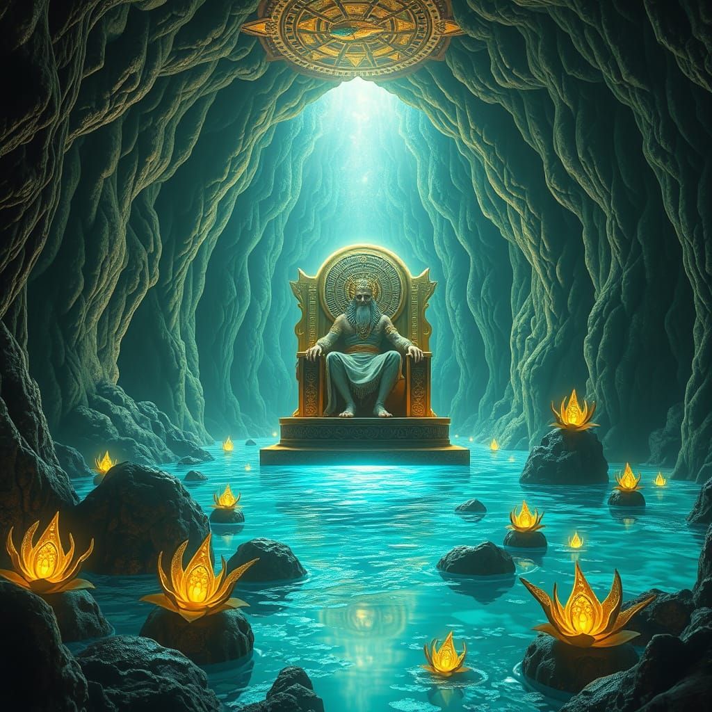 Enki Enthroned in Crystalline Cavern, Digital Art
