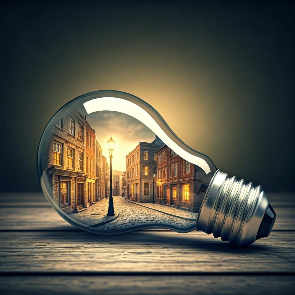 Whimsical Light Bulb Village in a Surreal Digital Artwork