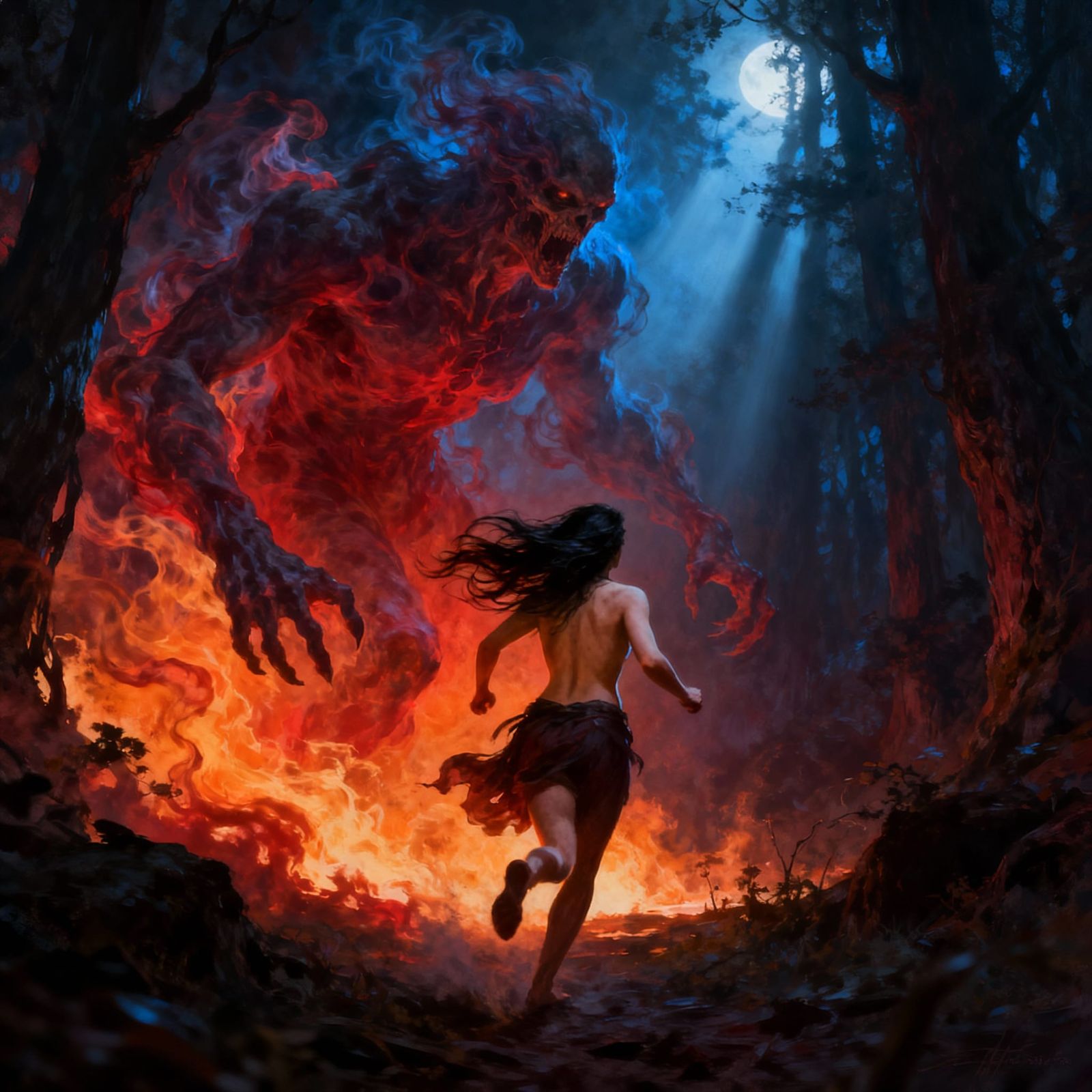 Woman Flees Fiery Creature in Dark Forest