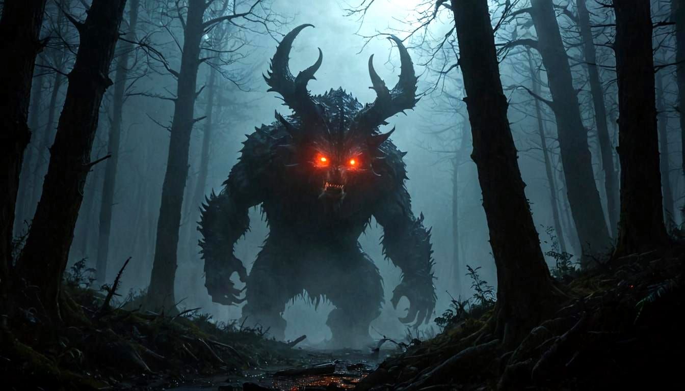 Glowing Beast Eyes in Dark Forest, Wide Angle