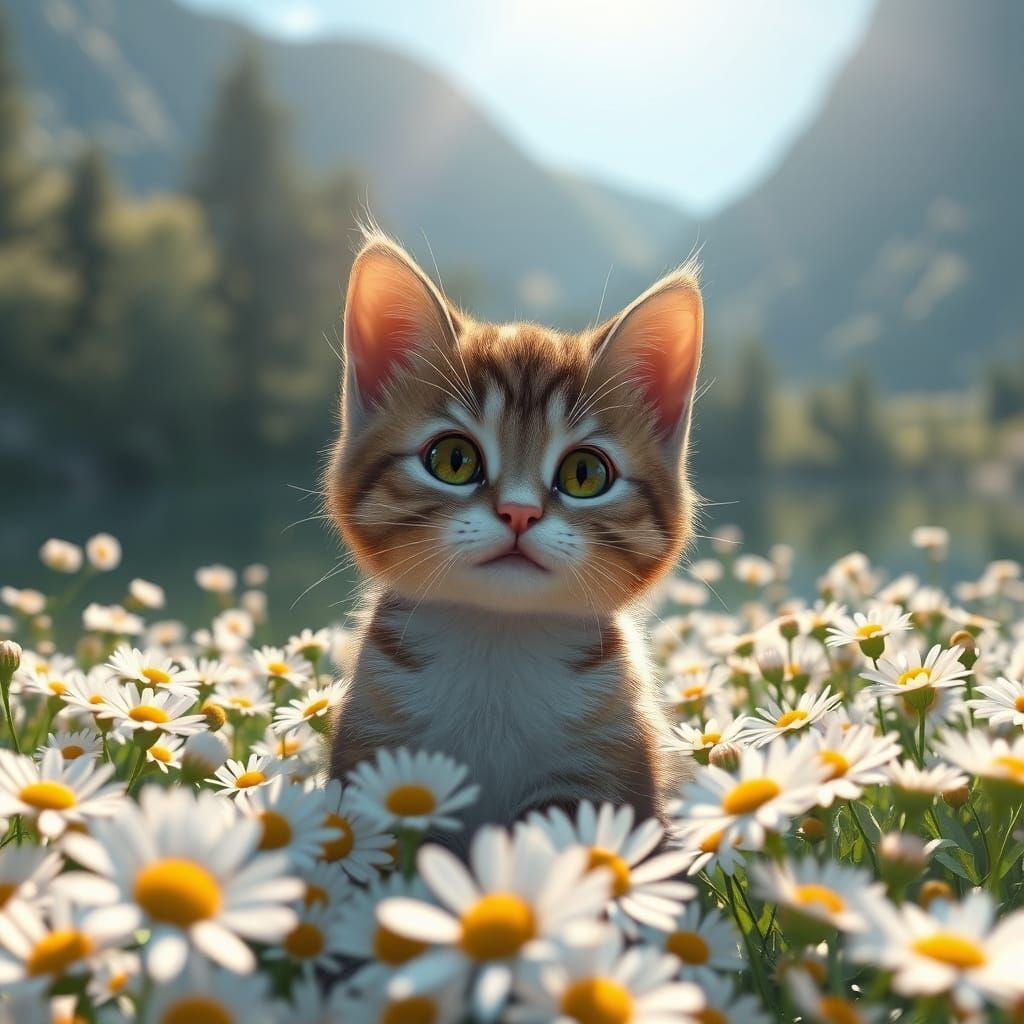 Hyperrealistic Cat in Daisy Field by Lake