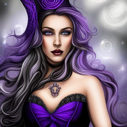Gothic Witch in Smoky Purple Starry Scene