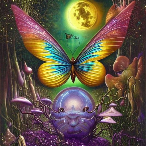 Glowing Butterfly in Magical Night Forest, Surreal Art