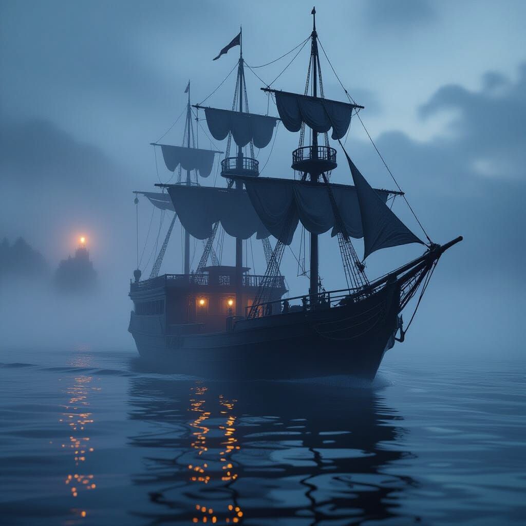 Ghostly Victorian Ship Drifts Silently in Twilight