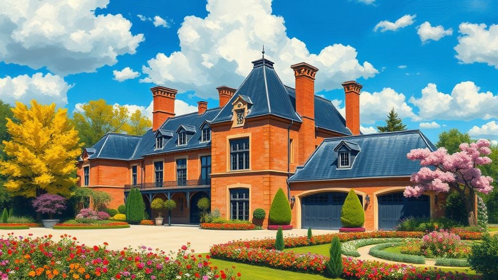 Elegant Chateau Surrounded by Vibrant Trees and Flowers