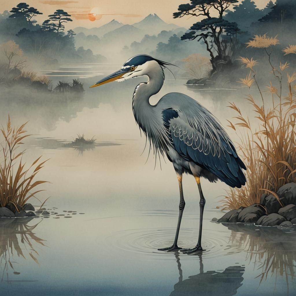 Heron in Misty Water: Ukiyo-e Fantasy Art