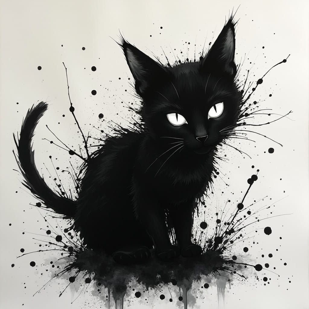 Ethereal Black Cat Emerge from Ink Splatters in Moody Monoch...
