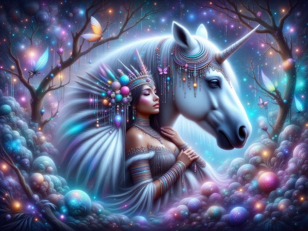 Surreal Fantasy Goddess Enchants with Unicorn and Crystal Wo...